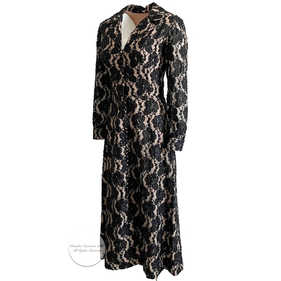 60s Opera Coat Illusion Lace Black Embellished Beaded Vintage Long Rare Formal - Picture 8 of 13